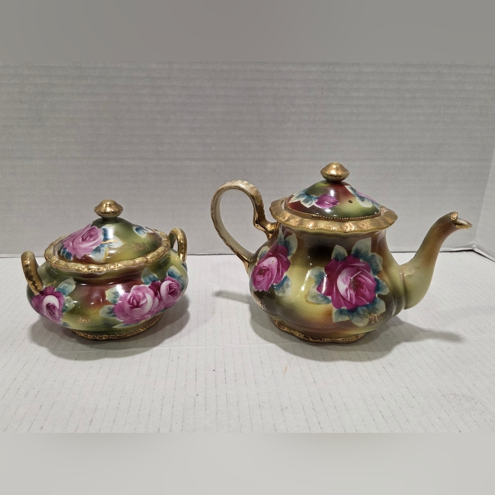 Nippon Antique Hand Painted Pink Rose Gold Trim Tea Pot And Sugar Bowl
